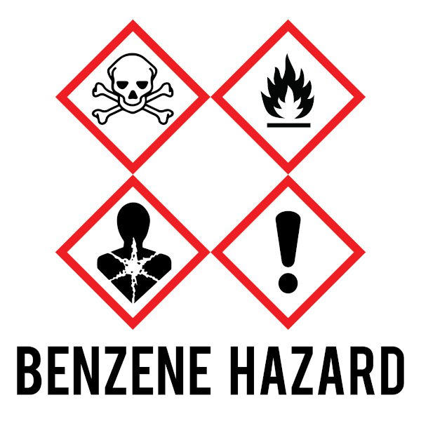 Ãcones de aviso para riscos agregados ao uso do benzeno.