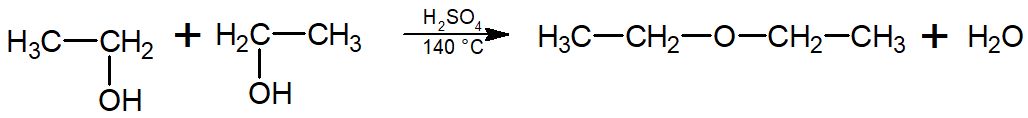 Desidratação intermolecular do mesmo álcool, resultando em um éter (etóxi-etano)