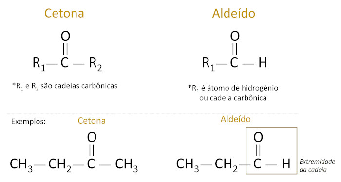 DiferenÃ§as entre grupos funcionais cetona e aldeÃ­do. Abaixo, exemplos de molÃ©culas de cada grupo funcional.
