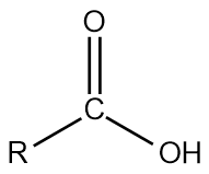 Estrutura química de um ácido carboxílico genérico, que possui a carbonila posicionada na extremidade.