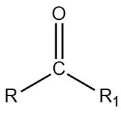 Estrutura química de uma cetona genérica, que possui a carbonila posicionada no meio da cadeia.