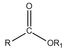 Estrutura química de um éster genérico, uma derivação do ácido carboxílico, que possui carbonila, ligado a uma hidroxila.