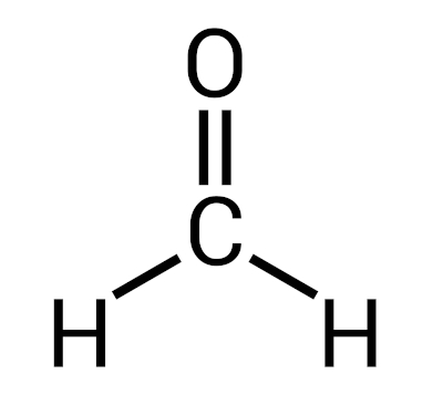 Fórmula estrutural do metanal (CH2O), o composto orgânico conhecido como formaldeído, cuja solução aquosa é o formol.