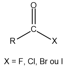  Estrutura química de um haleto ácido genérico, que possui carbonila ligada a uma cadeia carbônica e a um halogênio.