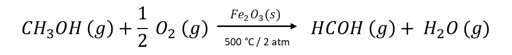 Reação do metanol (CH3OH) com oxigênio, uma das formas de obtenção do formol.