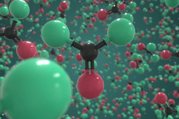 Representação de uma molécula com o grupo carbonila (CO), em que a esfera preta representa o carbono e a vermelha, o oxigênio.