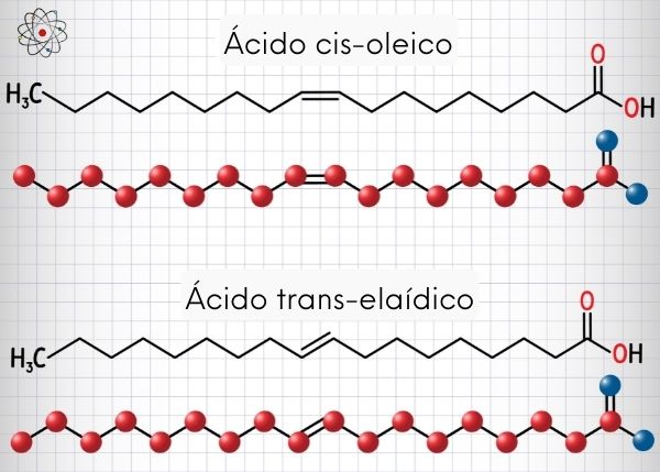 Esquema ilustrativo da ocorrência de isomeria geométrica no ácido oleico e no elaídico.