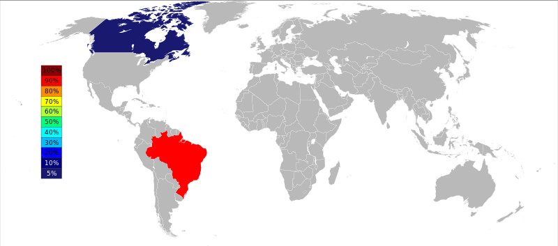 Mapa com produção mundial de nióbio em 2006.