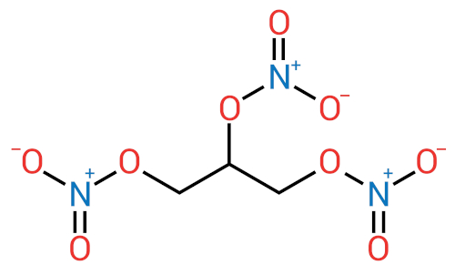 Estrutura quÃ­mica da nitroglicerina, um lÃ­quido que faz parte da composiÃ§Ã£o da dinamite.