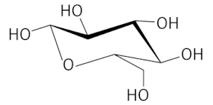 Fórmula estrutural em projeção de Haworth para a beta-D-glicose.