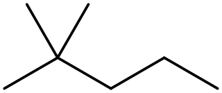  Fórmula estrutural em esqueleto do 2,2-dimetil-pentano (C7H16).