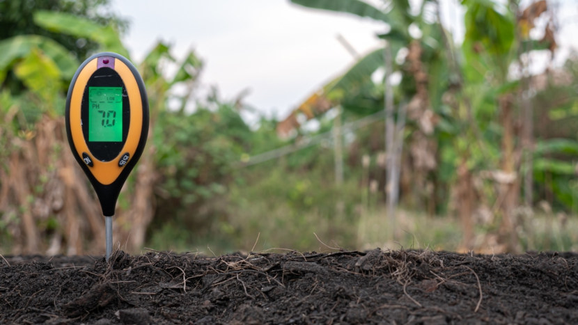 Peagâmetro indicando que o solo, com pH 7, está em condições favoráveis para o plantio.