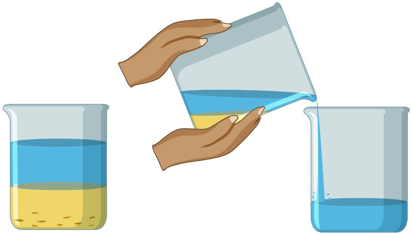 Ilustração da decantação sólido-líquido, um dos processos de separação de misturas heterogêneas.