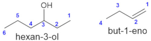 Estrutura do hexan-3-ol e do but-1-eno em texto sobre nomenclatura IUPAC.