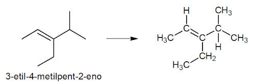 Duas representações da fórmula estrutural do 3-etil-4-metilpent-2-eno e sua nomenclatura segundo a IUPAC.