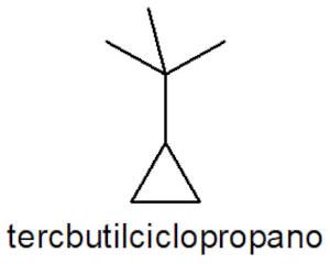 Estrutura do composto tercbutilciclopropano e sua nomenclatura, segundo a IUPAC.