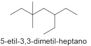 Estrutura do 5-etil-3,3-dimetil-heptano em texto sobre nomenclatura IUPAC.