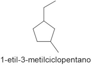 Estrutura do 1-etil-3-metilciclopentano em texto sobre nomenclatura IUPAC.