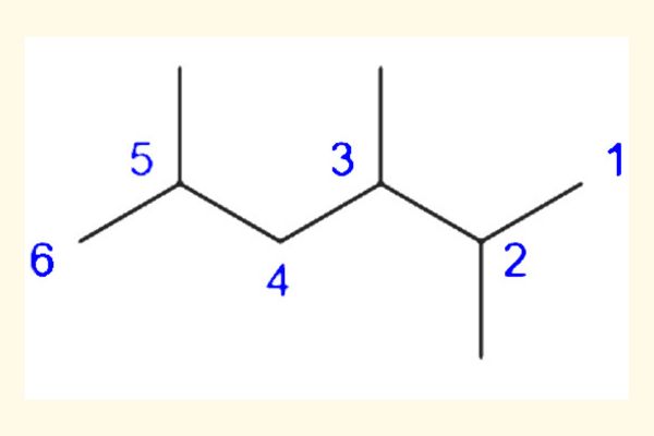 Exemplo de alcano para definir a nomenclatura: 2,3,5-trimetil-hexano.
