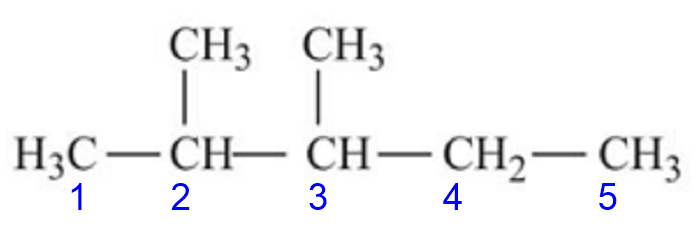 Estrutura qu&iacute;mica do hidrocarboneto 2,3-dimetilpentano em resolu&ccedil;&atilde;o de quest&atilde;o da Uepa sobre nomenclatura dos alcanos.