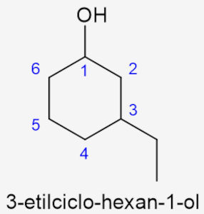 Estrutura do 3-etilciclo-hexan-1-ol com anel de seis carbonos, hidroxila no carbono 1 e ramificação etil.