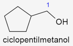 Estrutura do ciclopentilmetanol com anel de cinco carbonos ligado à cadeia com hidroxila