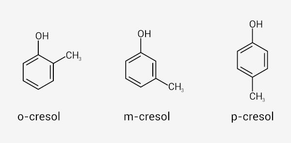 Estrutura química de três tipos de cresóis.