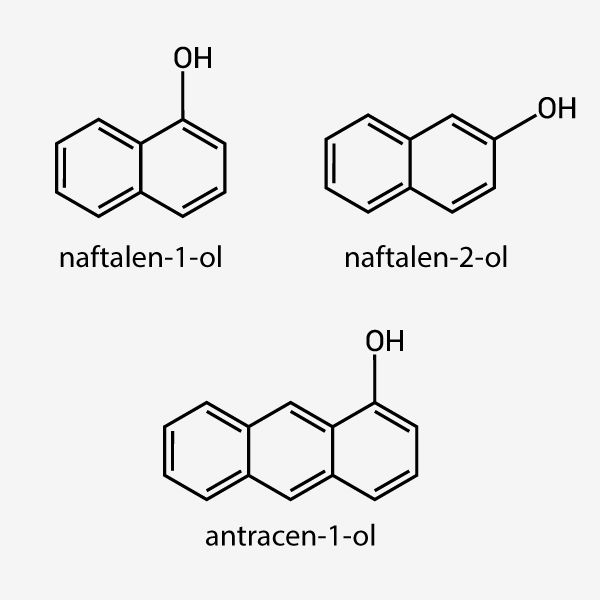 Exemplos de nomenclatura de fenóis derivados do naftaleno e do antraceno.