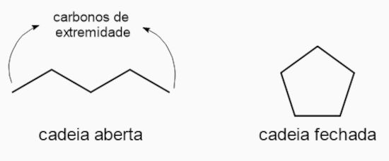 Cadeia carb&ocirc;nica aberta e fechada em texto sobre Qu&iacute;mica Org&acirc;nica.