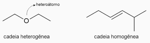 Cadeia carb&ocirc;nica homog&ecirc;nea e heterog&ecirc;nea em texto sobre Qu&iacute;mica Org&acirc;nica.