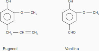 Estruturas do eugenol e da vanilina em exerc&iacute;cios de Qu&iacute;mica Org&acirc;nica.