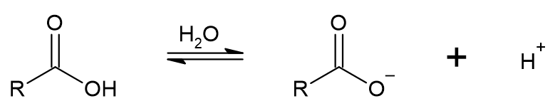 Equação química mostrando a ionização de um ácido carboxílico em água.