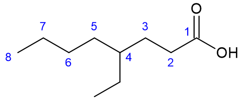 Estrutura química do ácido 4-etiloctanoico com numeração da cadeia carbônica