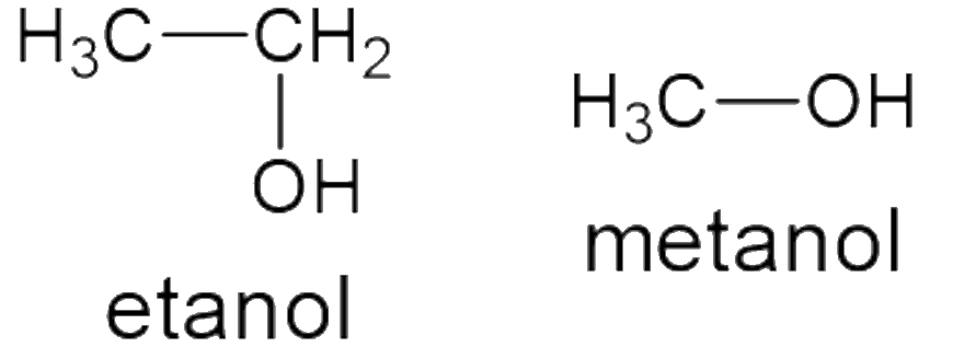 Estruturas qu&iacute;micas do etanol e metanol.