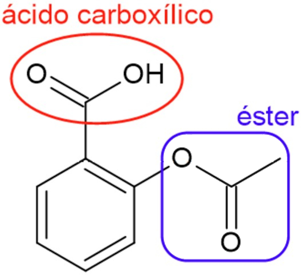 Funções orgânicas éster e ácido carboxílico na fórmula estrutural do ácido acetilsalicílico.