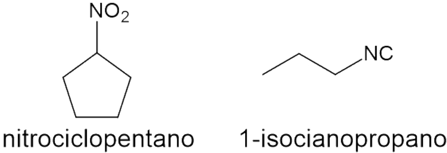 Fórmula estrutural do nitrociclopentano e do 1-isocianopropano em texto sobre funções orgânicas.