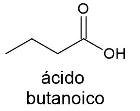 Fórmula estrutural do ácido butanoico, composto da função orgânica ácido carboxílico.