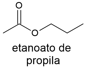 Fórmula estrutural do etanoato de propila, composto da função orgânica éster.
