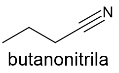 Fórmula estrutural do butanonitrila, composto da função orgânica nitrila.