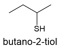 Fórmula estrutural do butano-2-tiol, composto da função orgânica tiol.
