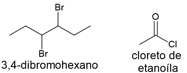 Fórmula estrutural do 3,4-dibromohexano e do cloreto de etanoíla em texto sobre funções orgânicas.