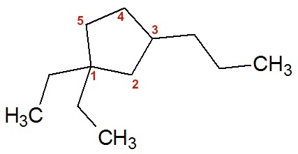FÃ³rmula estrutural do 1,1-dietil-3-propil-ciclopentano